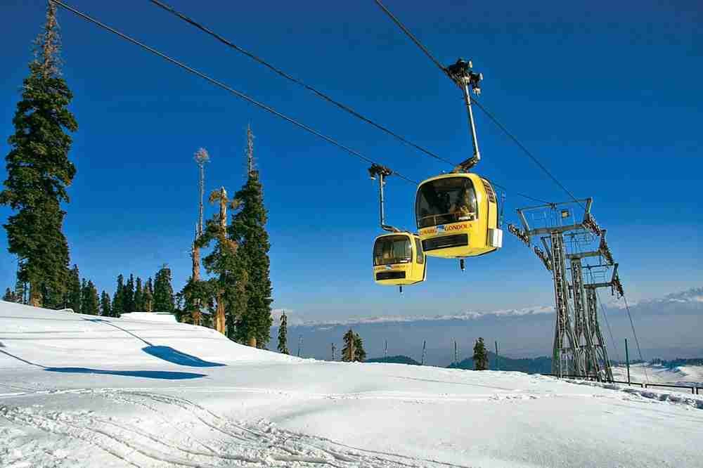 Gulmarg Gondola ride ascending through snow-covered Himalayan mountains with spectacular Kashmir Valley views.