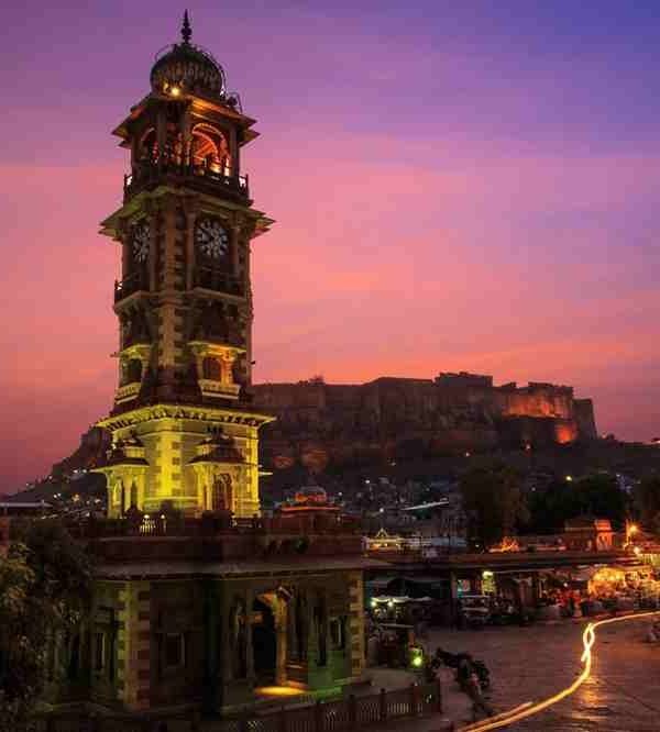 Ghanta Ghar Clock Tower Jodhpur, famous heritage landmark and bustling local market in Rajasthan.