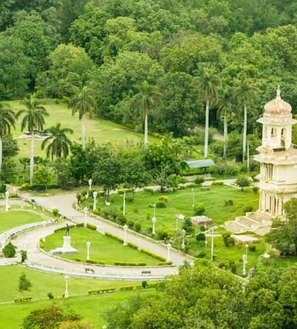 Gulab Bagh Udaipur featuring lush gardens, walking paths and beautiful green landscapes.